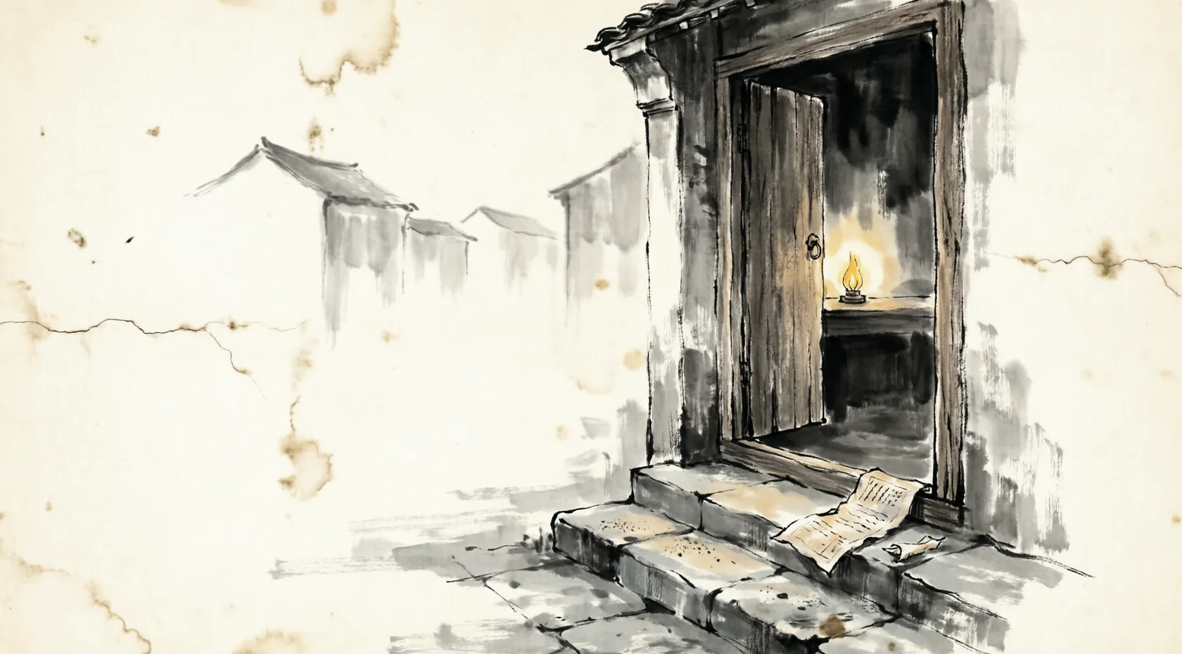 水墨插图：半开的门里一盏灯还亮着，台阶上落着纸