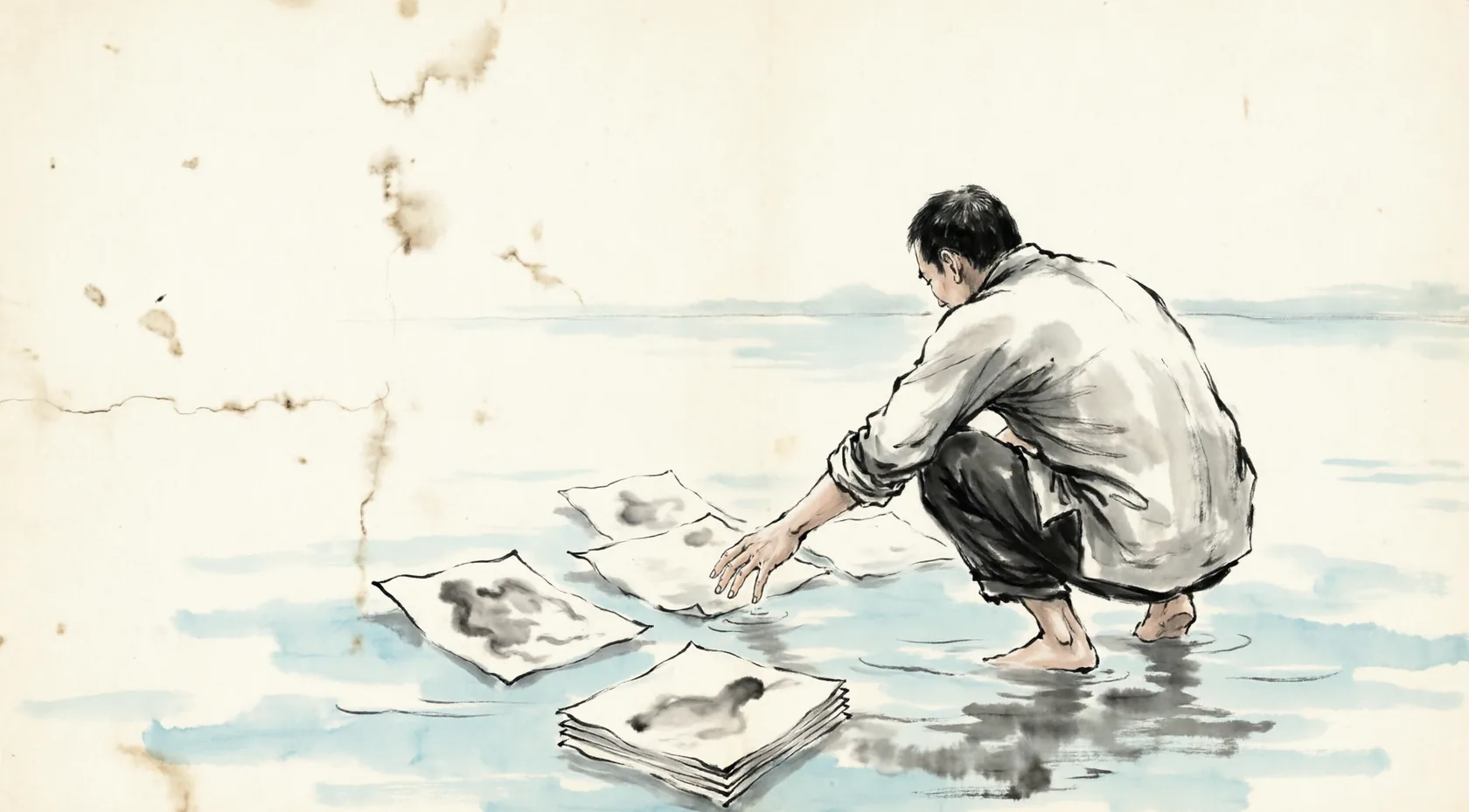 水墨插图：一个人背对观者蹲在浅水里，从水面捞起泡淡了字迹的纸页